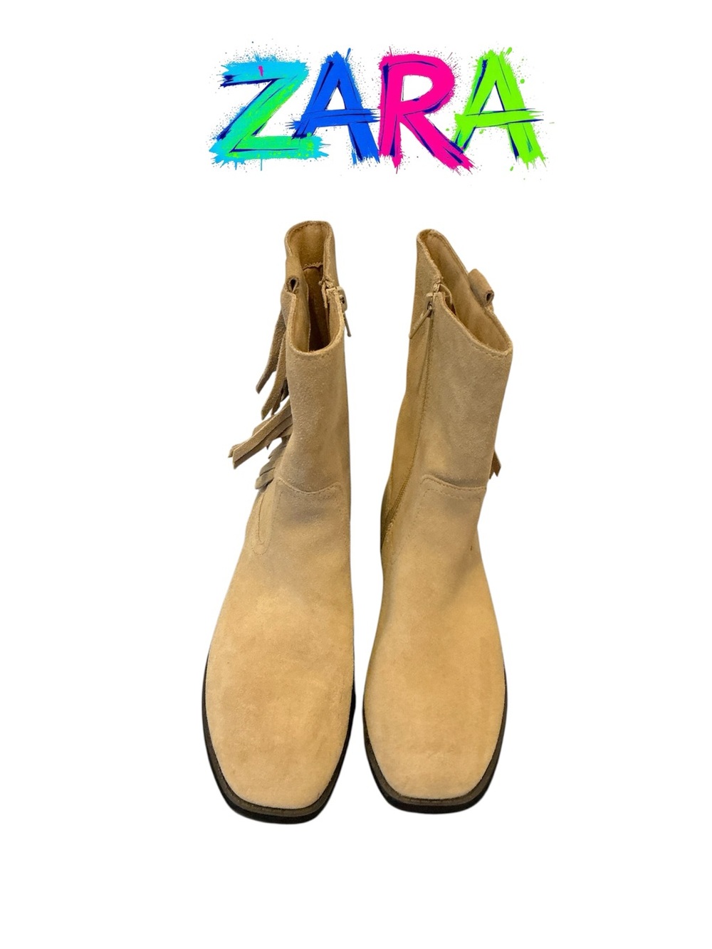 Zara Beige Suede Fringe Ankle Boots size 34 2.5 us